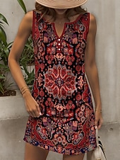 ieftine Rochii boho-Pentru femei Rochie Mini Rochie de Vară Rochie A line Rochie de vară Rochie cu umeri Casual Concediu Plajă Fit regulat Grafic Epocă Boem Fără manșon În V Roșu Vin Vară Primăvară