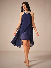 cheap Cocktail Dress-Women&#039;s Knee Length Dress Chiffon Dress Elegant Stylish Flowy Party Date Regular Fit Solid Color Sleeveless Halter Neck Navy Blue Summer