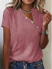 お買い得  プレーンTシャツ-女性用 Tシャツ ドレッシーなトップス 純色 スタイリッシュ カジュアル 半袖 非対称ネック レギュラートップス 日常 ボタン ブラック ホワイト ピンク グリーン グレー 夏