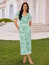 baratos Comprimento do chão-Vestido Mãe da Noiva Sheath  Coluna Vestido de Pérolas Elegante Plus Size Decote em V Comprimento do Chão Chiffon Renda Tule Manga Curta