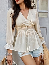 billige Kvinne Enkle Topper-Kvinners Bluse Boho Skjorte Enfarget Stilfull Avslappet Langermet V-Hals Vanlige Topper Daglig Lappverk Utskjæring Sort Hvit Blå Aprikos Sommer Vår