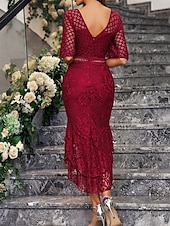 cheap Under $129.99-Dress Mother of the Bride Dress Elegant Party Simple Crew Neck Asymmetrical Spandex Short Sleeve with Lace