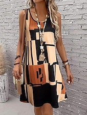 cheap Stripe&amp;Geometric Dress-Women&#039;s Mini Dress Summer Dress Vacation Casual Beach Vacation Daily Beach Loose Fit Graphic Striped Geometry Sleeveless Crew Neck Dark Pink Brown Summer Spring