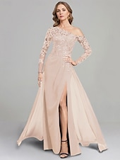 preiswerte Bodenlänge-Etuikleid Mutter der Braut Kleid formell elegant ein Schulter bodenlang Chiffon Langarm mit Spitze einfarbig 2025
