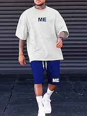 cheap Men&#039;s Tracksuit &amp; Hoodie-Men&#039;s Tracksuit Outfit Set Shorts Crew Neck Outdoor Daily Sports Pocket Drawstring 2 Piece Color Block Letter Black White Blue Polyester Activewear Classic Casual Summer