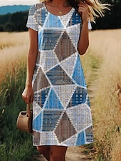tanie Sukienki w paski i geometryczne-Mini sukienka dla kobiet sukienka w kształcie litery A sukienka T-shirt sukienka letnia stylowa casual codziennie regularny krój graficzna geometryczna krótki rękaw okrągły dekolt niebieska fioletowa