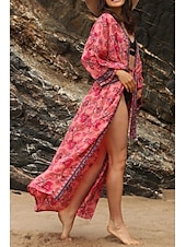 abordables Hauts de plage-Femmes Maillots de Bain Vêtement couvrant Maillot de bain Nœud devant Tropical Tenues de plage Fleur Fil en V manche longue Maillots de bain