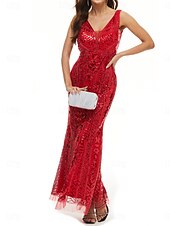 preiswerte Bodenlänge-Kleid Mutter der Braut Kleid Elegantes Partykleid V-Ausschnitt Bodenlänge Polyester Ärmellos mit Pailletten