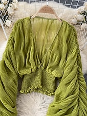 billiga Dressiga toppar-Dam Blus Chiffong toppar Slät Stylish Långärmad Puffärm V-hals Crop Tops Helgdag Utekväll Rynkad Svart Vit Purpur Grön Vår