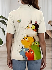 preiswerte Tiere Tops-Damenhemd Langarm Button-Down Bluse Grafik Tier Katze Alltag Stilvolles Kurzarmhemd Kragen Regulär Oberteile Alltag Beige Sommer Frühling