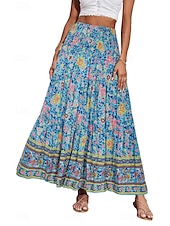 billiga Grafiska kjolar-Dam Kjol Gunga Ledigt Boho Maxi Mellanhög midja Kjolar Blommig Mönster Microelastisk Semester Gata Äppelgrå Violett Svart Mandel Sommar Polyester