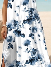 levne Květinové šaty-Dámské maxi šaty A řada šaty letní šaty elegantní dovolená casual volný střih denní regular fit květinové grafické krátký rukáv V výstřih modré jaro podzim