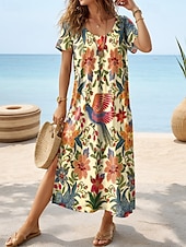 tanie Sukienki boho-Damskie Sukienka midi Sukienka letnia Sukienka A line Urlop Codzienny Boho Motylkowy Urlop Plaża Regularny Graficzny Geometryczny W Tureckie Wzory Krótki rękaw Wycięcie pod szyją Biały Żółty