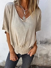 abordables Chemises-Blouse Femme en Coton Lin Couleur Unie Stylée Décontractée Manches Courtes Col en V Tops Quotidiens Patchwork Noir Blanc Marron Clair Abricot Été Printemps