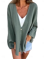 billige Skjorter-Kvinne Bomull Lin Bluse Shrugs Solid Farge Grunnleggende Gammel Lange Ermer V-Hals Vanlige Topper Daglig Knapper Svart Oransje Brun Grønn Mørk Grå Sommer