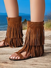 billiga Semester Sandaler-gladiatorsandaler med boho-fransar för kvinnor – platta sandaler med öppen tå och tofsdetaljer för sommarstrandkläder, festivaler och vardagliga outfits