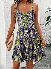 billige Kunst og Design Kjoler-Dame Mini kjole Kjole med A-linje Slipkjole Off The Shoulder-kjole Ferie Fritid Feriereise Daglig Normal Grafisk Leopard Ermeløs V-hals Kongeblå Blå Lilla Grønn Sommer