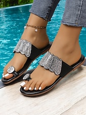 economico Infradito scivolosi-sandali da donna con anello in strass per le dita dei piedi – eleganti scarpe basse slip-on con decorazioni scintillanti per l'estate, la spiaggia e l'abbigliamento casual chic