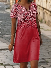 preiswerte Ausgefallene Kleider-Frau Mini-Kleid Lässig Kleid T-Shirt Kleid Tee Kleid Shift Kleid Sommerkleid Elegant Stilvoll Formal Urlaub Arbeit Lässig Leinenartig Regulär Passform Grafik Geometrisch Kurzarm Rundhals Rot