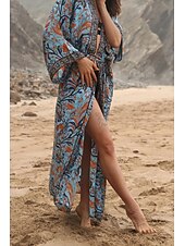 abordables Hauts de plage-Femmes Maillots de Bain Vêtement couvrant Maillot de bain Nœud devant Tropical Tenues de plage Fleur Fil en V manche longue Maillots de bain