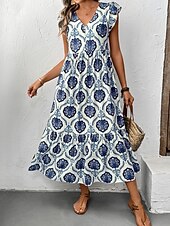 preiswerte Boho Kleider-Damen Maxikleid A-Linien-Kleid Fit and Flare Kleid Lässig Boho Urlaub Täglich Regelmäßige Passform Grafik Ärmellos V-Ausschnitt Blau Sommer