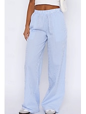 preiswerte weites Bein und hohe Taille-Damen Weites Bein Stoffhosen Mode Streetwear Volle Länge Natürliche Taille Gestreift Tasche Elastischer Bund Bequem Straße Ausgehen Rosa Blau Sommer Normale Passform