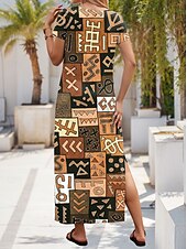 levne Umění a design šaty-Ženské maxi šaty sundress dovolená neformální dovolená každodenní pravidelný střih grafické geometrické krátké rukávy V výstřih hnědé letní