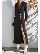 cheap Floor Length-Blazer Dress Mermaid / Trumpet Mother of the Bride Dress Tuxedo Dress Elegant High Split V Neck Floor Length Satin Lightweight Crepe Puff Sleeve Crystal Buttons with Slit