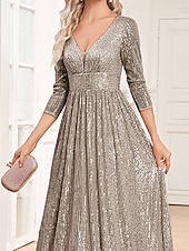 billiga Aftonklänningar-A-linjade Quinceanera Klänningar Elegant Klänning Bröllop Bröllop Gäst Golvlång 3/4 Lång Ärm V-hals Bomull med Strass