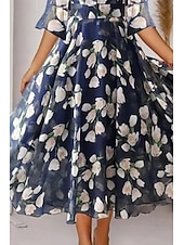 voordelige Casual bloemenjurken-Dames Halflange jurk Swingjurk Jurk met print Modieus Buiten Uitgaan Weekend Normale pasvorm Bloem Halve mouw V-hals blauw Zomer