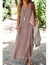 preiswerte Kleider-Damen Midikleid Leinen-inspirierte Kleider Freizeitkleid Baumwoll-Leinenkleid Sommerkleid Mode Basic Urlaub Täglich Ausgehen Normale Passform Einfach Ärmellos V Ausschnitt Leicht Braun Khaki Leicht