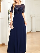 abordables Moins de 129,99 $-Robe pour mère de la mariée élégante robe de soirée décolleté rond longueur sol en chiffon spandex à manches courtes avec sequins