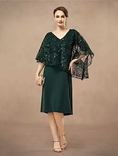 preiswerte Einfaches Kleid-A-Linie Brautmutterkleid Elegant V Ausschnitt Knielang Spitze Halbarm mit Spitze Einfarbig 2025