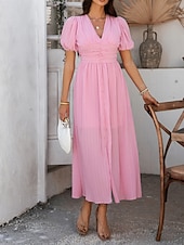 preiswerte Einfaches Kleid-Damen Maxi Kleid A-Linie Kleid Einfarbig Fit And Flare Kleid Puffärmelkleid Lässig Urlaub Täglich Reguläre Passform Grafik Kurzarm V-Ausschnitt Schwarz Gelb Pink Himmel Blau Sommer