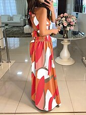 abordables Robes fleuries décontractées-Femmes Robe Longue Maxi Robe Robe évasée Robe à col licou Robe Imprimée Élégant Sortir Robe d&#039;Été Coupe régulière Fleuri Géométrique Sans manches Col Halter Blanche Orange Vert Beige Été