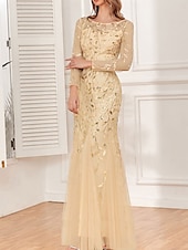 preiswerte Unter 129,99 $-Kleid Mutter der Braut Kleid Elegant Party Rundhalsausschnitt Bodendland Polyester Langarm mit Stickerei 2025
