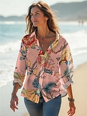 preiswerte Blumenoberteile-Damen Bluse Floral Grafik Stilvoll Lässig Leinenähnlich Langarmshirt Kragen Reguläre Tops Täglich Urlaub Leinenähnlich Ausgehen Knöpfe Weiß Pink Grün Sommer Frühling