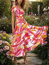 abordables Robes Rayés et Géométriques-Femmes Robe maxi Robe Décontractée Robe trapèze Robe d&#039;été Vacances ancien Ethnique Coupe régulière Graphique Feuille Géométrique Manche Courte Col carré Jaune Rouge Bleu Violet Été Printemps