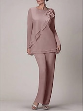 voordelige Broekpakken van mama-Strand Bruiloft Twee Delige Jumpsuit  Pantsuit Moeder van de Bruid Bruiloft Gast Elegante Plus Size Juweel Hals Vloerlengte Chiffon Lange Mouw met Strik(ken) Rimpelingen 2025