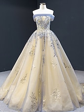economico Abiti Lunghi &amp; Gowns-Abiti da sposa Abito da ballo Senza Spalle Senza Maniche Strascico a Terra Raso Abiti da sposa Con Pieghe Applicazioni 2025