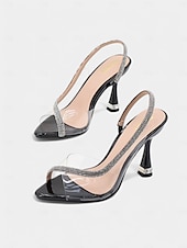 olcso Félig formális-fekete átlátszó slingback sarkú cipő – divatos strasszból készült tűsarkú női szandál