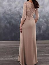 preiswerte Unter 129,99 $-Kleid Brautmutterkleid Hochzeitsgast Elegant Einfach Rundhalsausschnitt Bodenlang Polyester Dreiviertelarm mit Spitze Einfarbig 2025