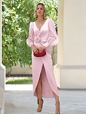 voordelige Vloerlengte-Sheath  Kolom Moeder van de Bruid Jurk Elegante Feest Simpel V-Hals Vloerlengte Crepe Organza Puff Mouw met Gerimpelde Bloem Lente