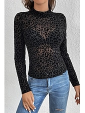 billige Sexy topper for kvinner-Dame Skjorte Bluse Leopard Stilfull Moderne Langermet Høyhalset Vanlige topper Daglig Ferie Netting Svart Sommer