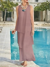 economico Lunghezza del pavimento-Matrimonio in Spiaggia Abito Madre della Sposa Linea A Ospite di Matrimonio Elegante Semplice Collo a V Lunghezza Caviglia Chiffon Senza Maniche con Strati Colore Solido 2025 misura personalizzata