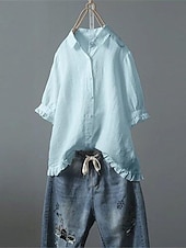economico Camicie-Per donna Camicia Blusa Camicie di cotone e lino Semplice Essenziale Moderno Manica Corta Colletto a Camicia Top Regolari Quotidiano Ferie Uscire Bottoni Bianco Giallo Rosa Blu marino Azzurro Estate