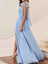 baratos Vestidos para Madrinhas-Vestido de mãe da noiva em corte A, elegante, vintage, simples, um ombro, comprimento até o chão, chiffon, sem mangas, com laço(s), cor sólida, fenda 2025