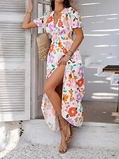 levne Umění a design šaty-Dámské maxi šaty A-line šaty vypasované a rozšířené šaty šaty s nadýchanými rukávy volnočasové dovolená denní běžné střih květinové krátký rukáv V výstřih bílé růžové fialové oranžové léto