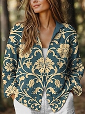 abordables Camisas-Camisa de mujer Blusa Floral Gráfica Estilosa Casual Linaza Como Manga Larga Cuello de Camisa Tops Regulares Diario Vacaciones Salir Botones Verde Claro Verde Caqui Verano Primavera