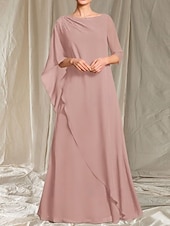 halpa Lattian pituus-A-linja Morsiamen äidin mekko Häiden vieras Elegantti Crew-kaula-aukko Lattianpituinen Chiffon 3/4-pituisella hihalla Helmiäistyksellä
